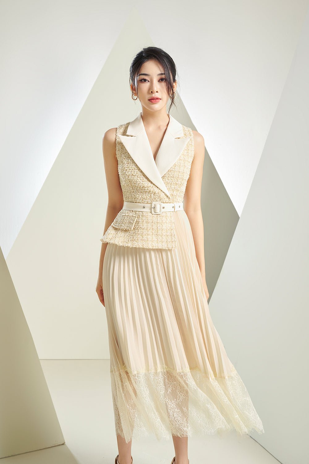 Lexi Waistcoat & Lace Pleats Dress in *Premium* Cream Tweed