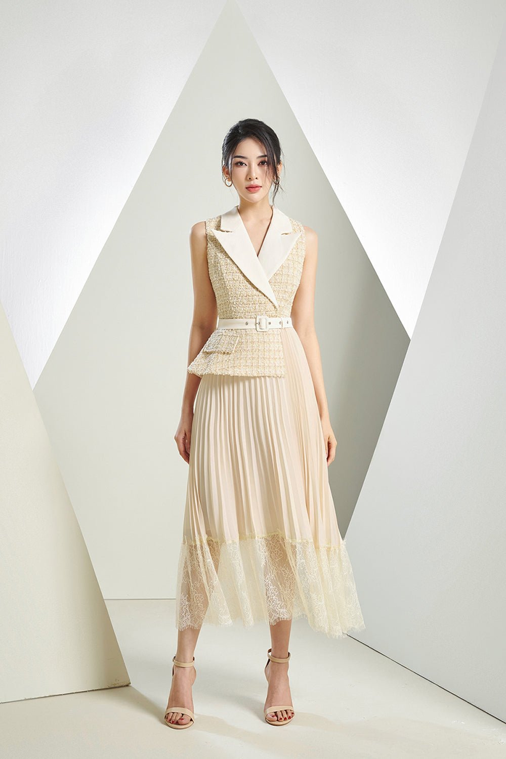 Lexi Waistcoat & Lace Pleats Dress in *Premium* Cream Tweed