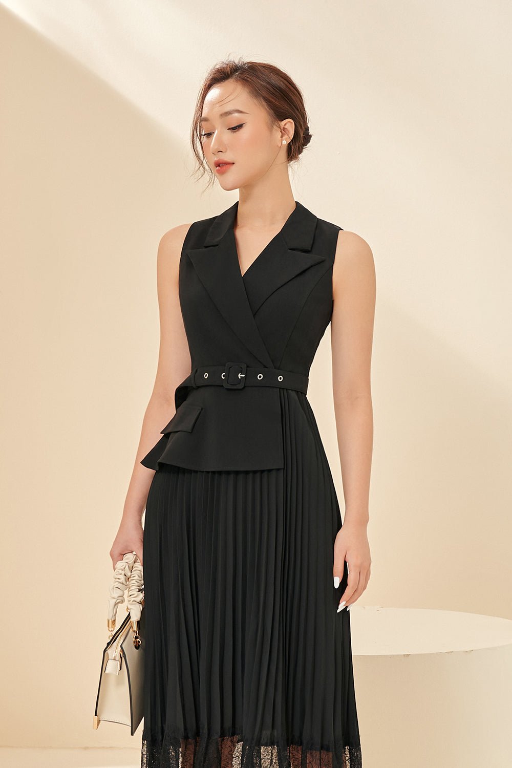 Lexi Waistcoat & Lace Pleats Dress in Classic Black
