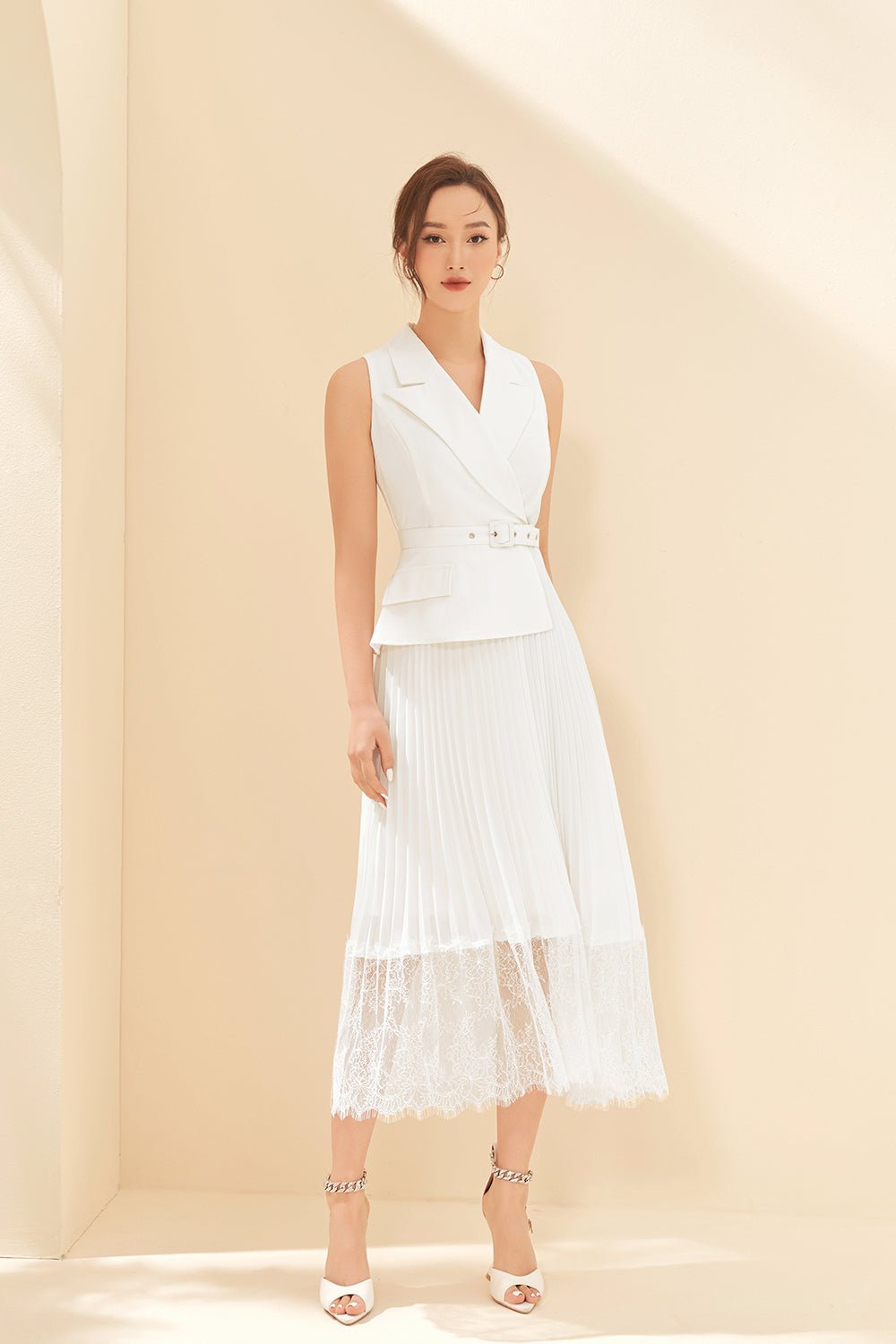 Lexi Waistcoat & Lace Pleats Dress in Iconic White