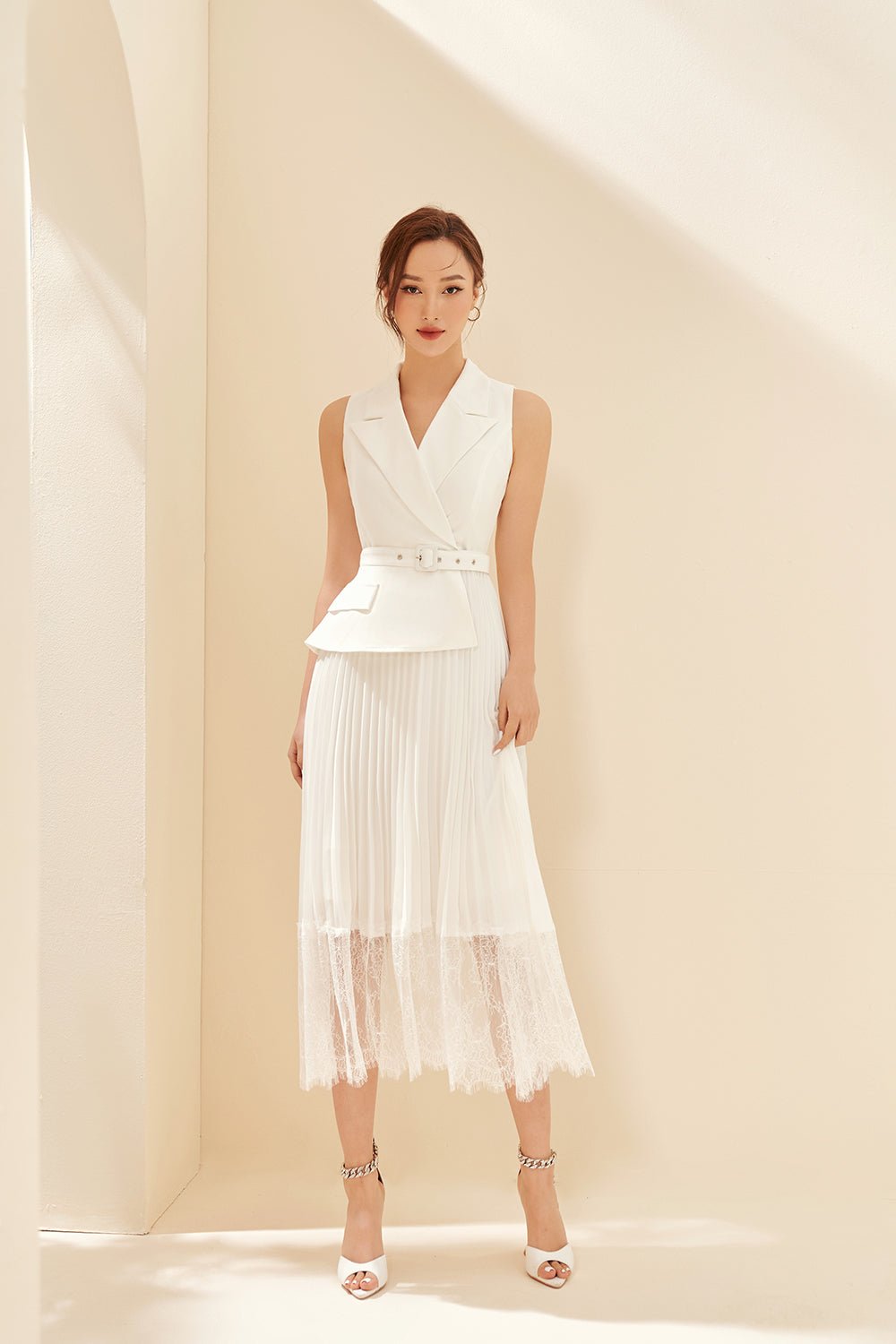 Lexi Waistcoat & Lace Pleats Dress in Iconic White
