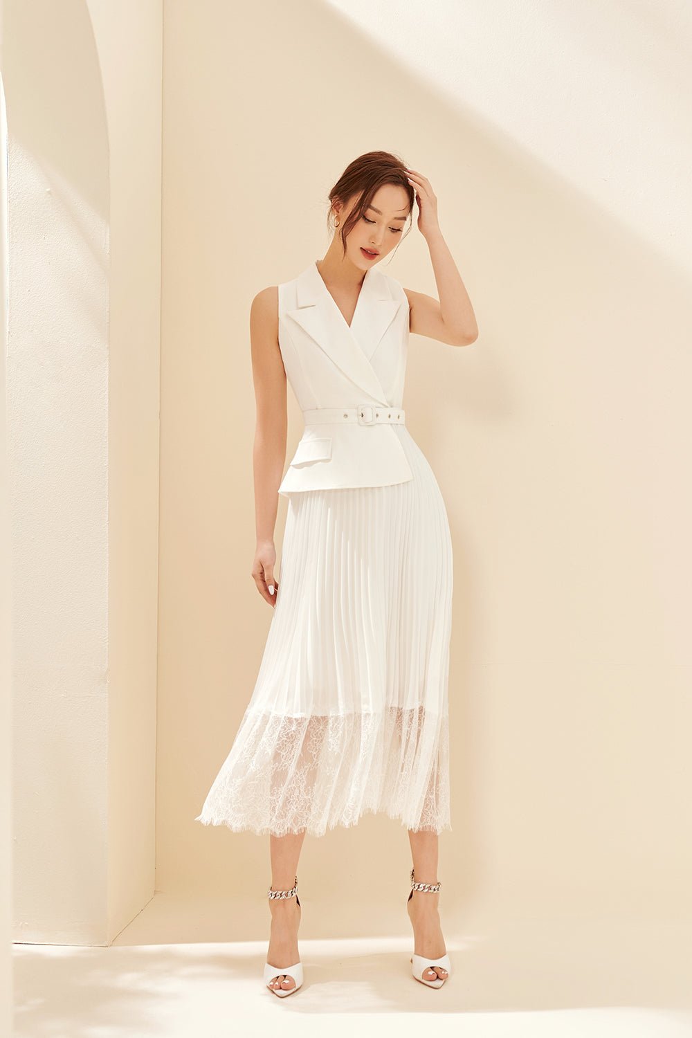 Lexi Waistcoat & Lace Pleats Dress in Iconic White