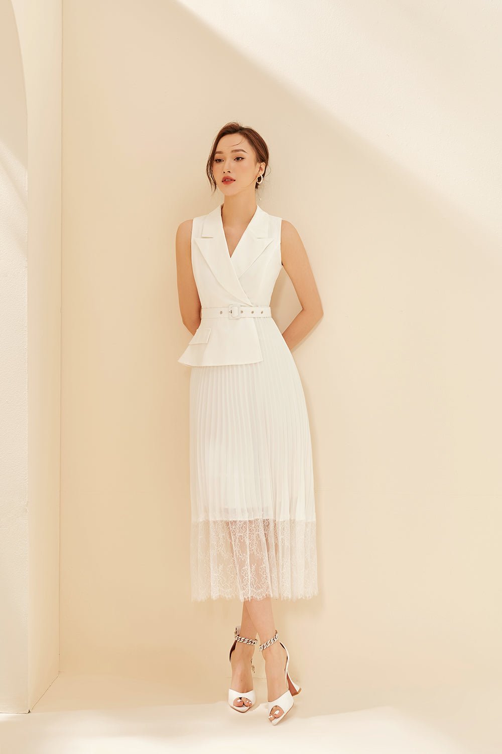 Lexi Waistcoat & Lace Pleats Dress in Iconic White