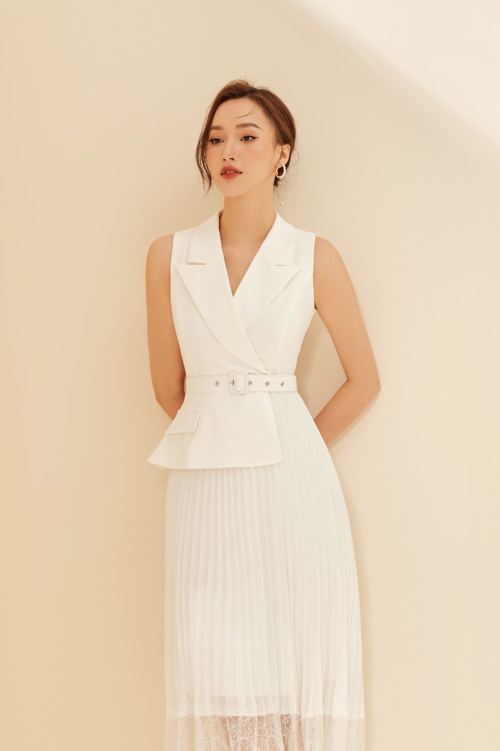 Lexi Waistcoat & Lace Pleats Dress in Iconic White