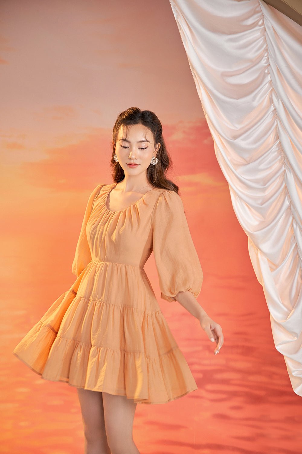 Luna Puff Sleeved Mini Dress in Apricot