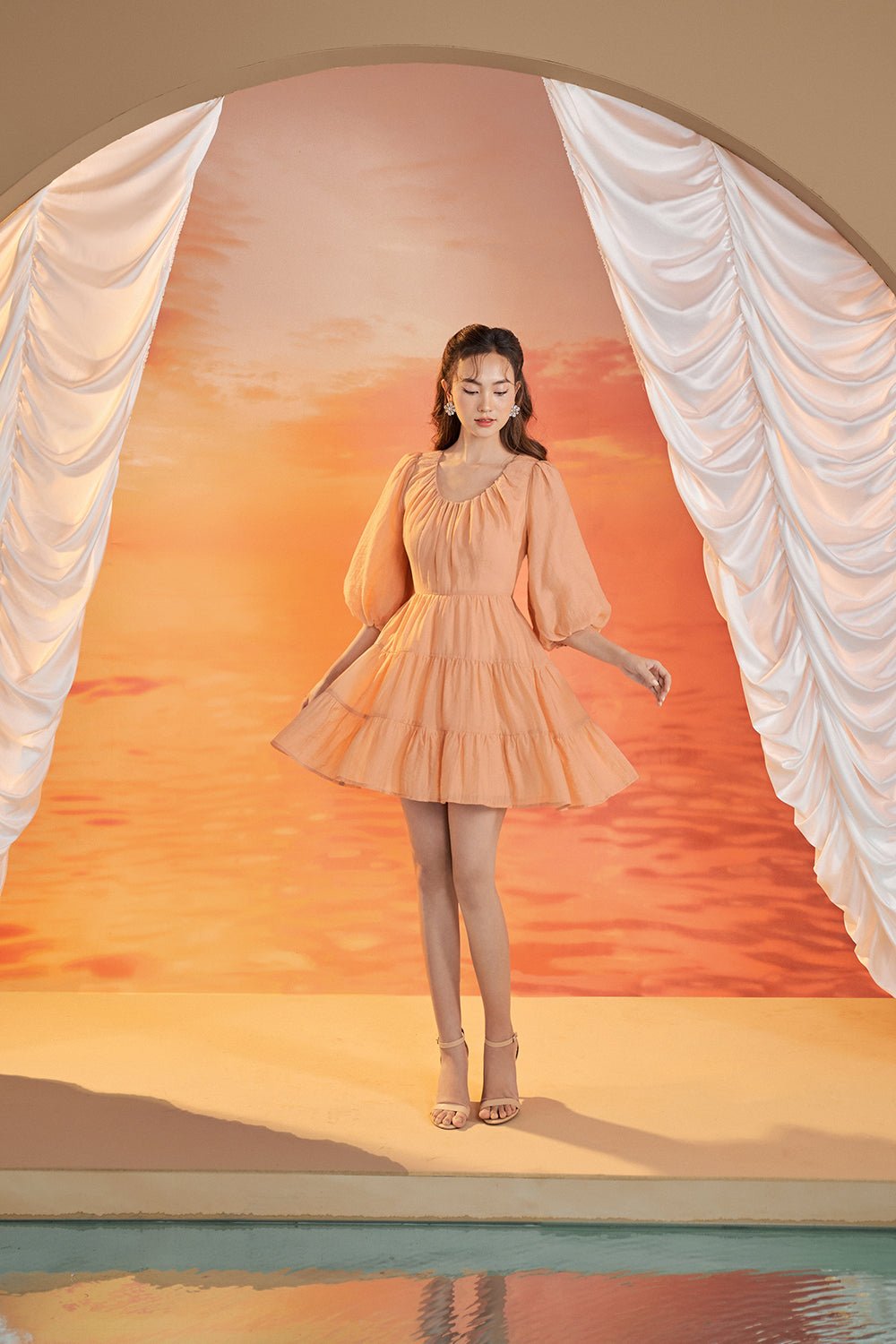 Luna Puff Sleeved Mini Dress in Apricot