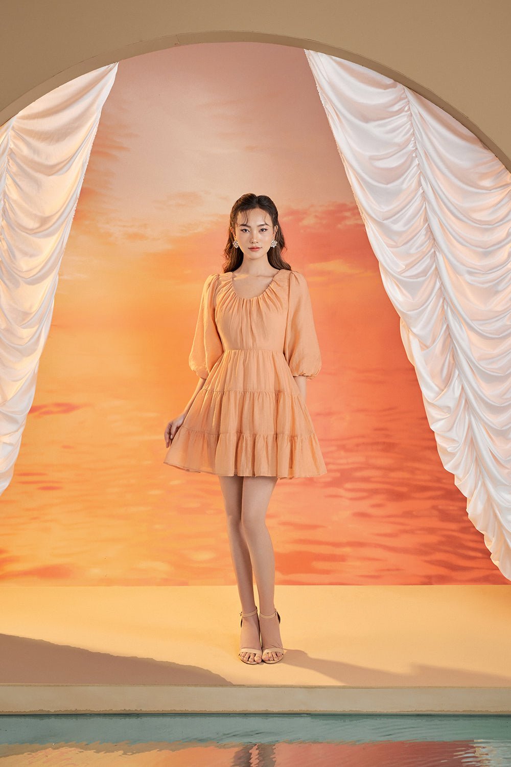 Luna Puff Sleeved Mini Dress in Apricot