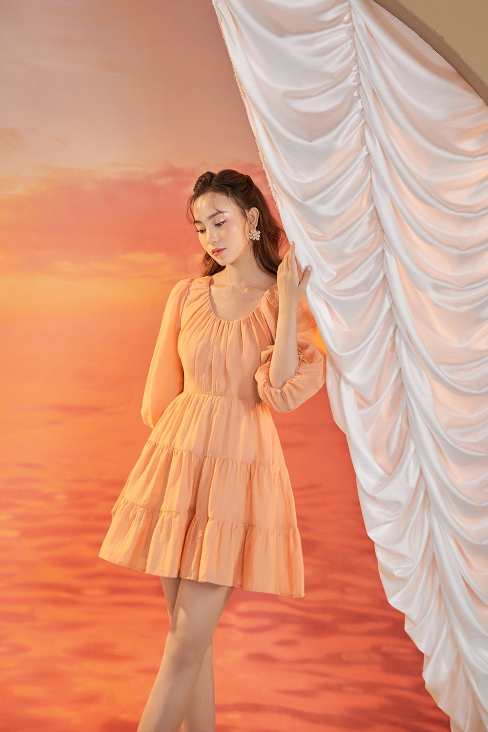Luna Puff Sleeved Mini Dress in Apricot