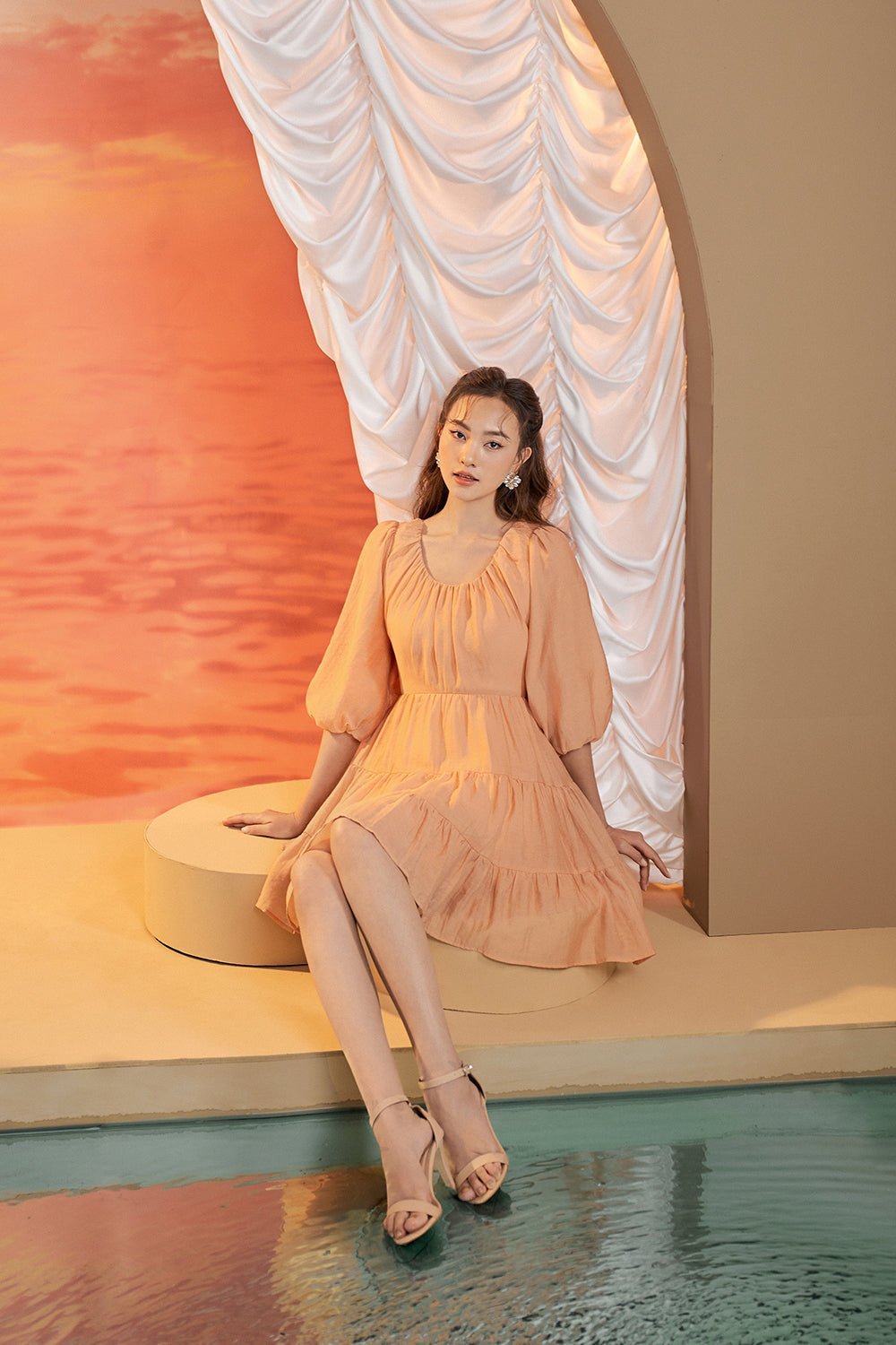 Luna Puff Sleeved Mini Dress in Apricot