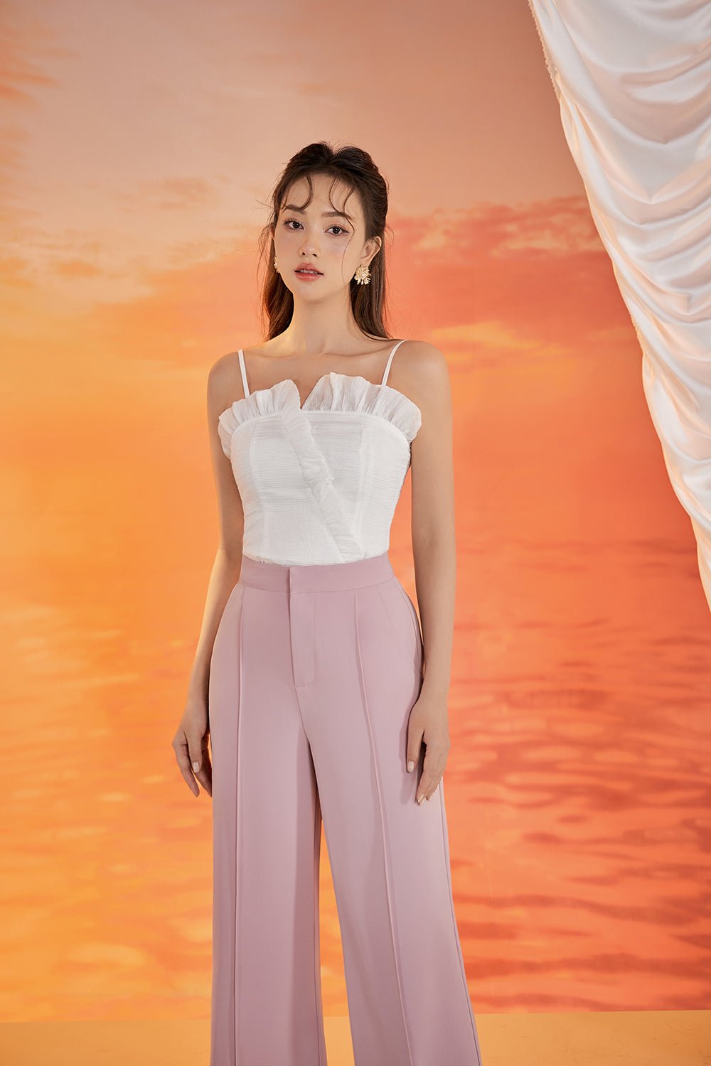 Mae Pleated Frills & Flutter Top in Nude