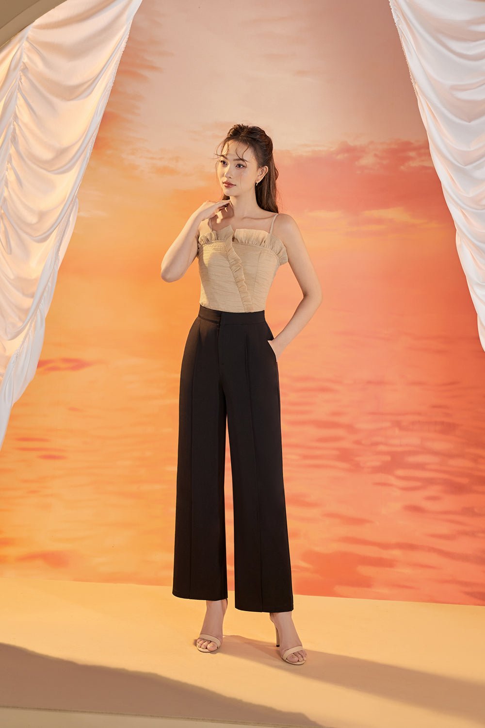 Mae Pleated Frills & Flutter Top in Nude