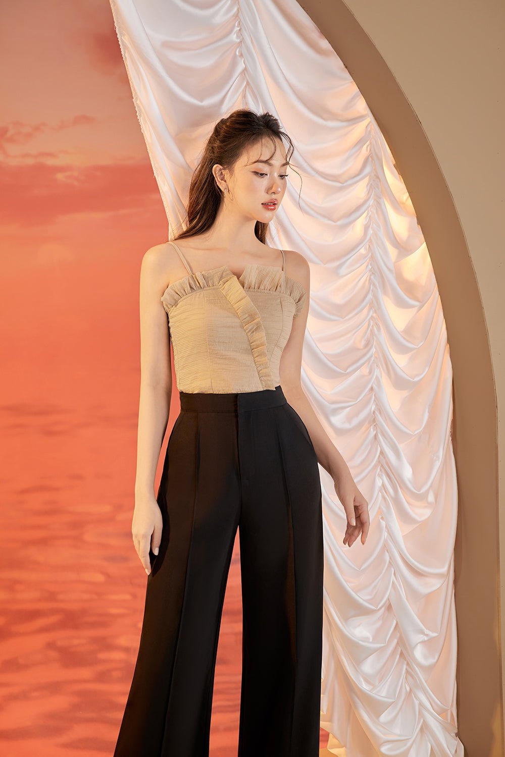Mae Pleated Frills & Flutter Top in Nude