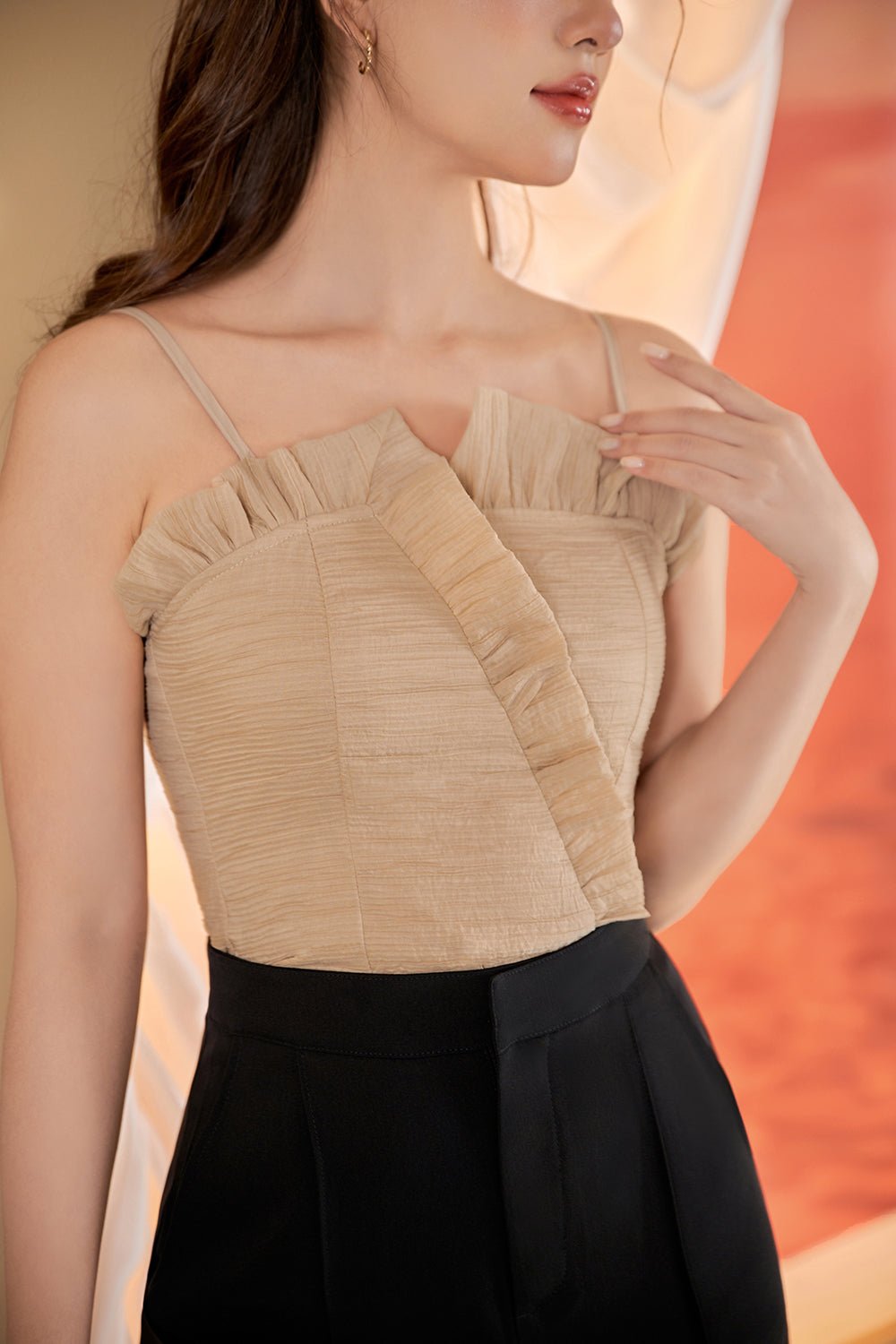 Mae Pleated Frills & Flutter Top in Nude