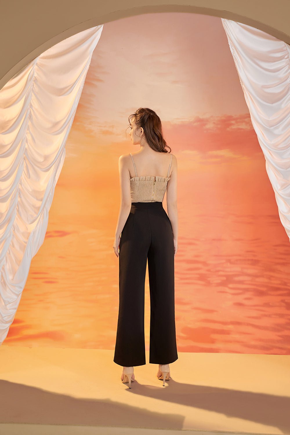 Mae Pleated Frills & Flutter Top in Nude