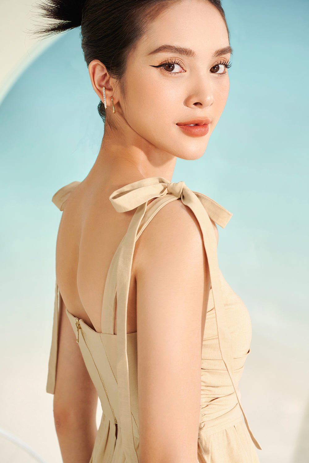 Millie Ruched Peplum Ribbon Top in Sand