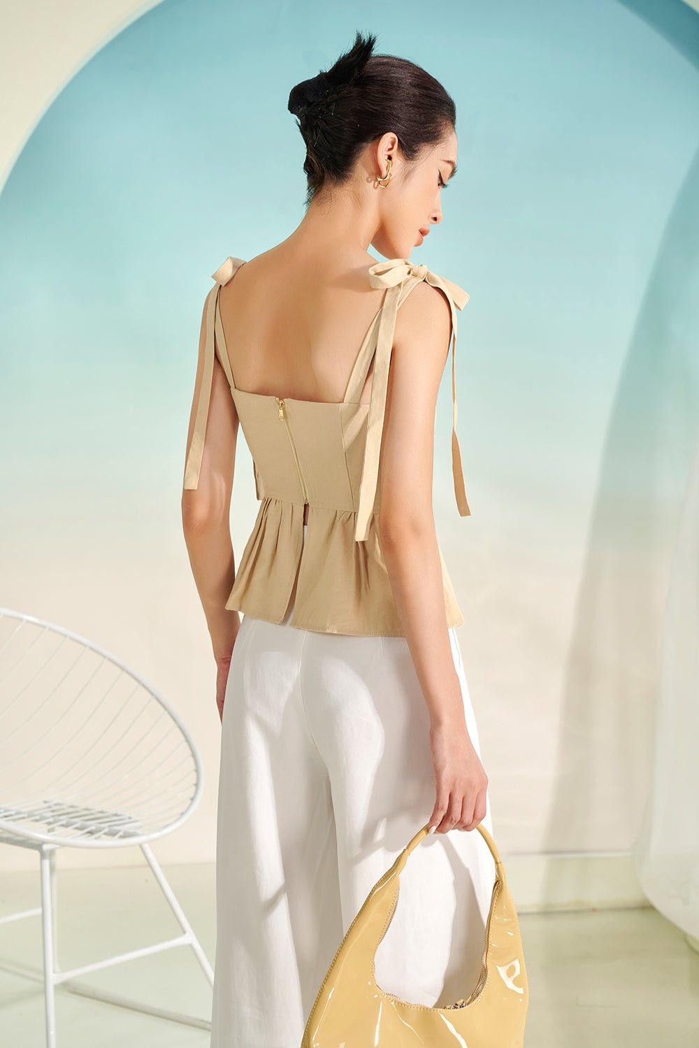 Millie Ruched Peplum Ribbon Top in Sand