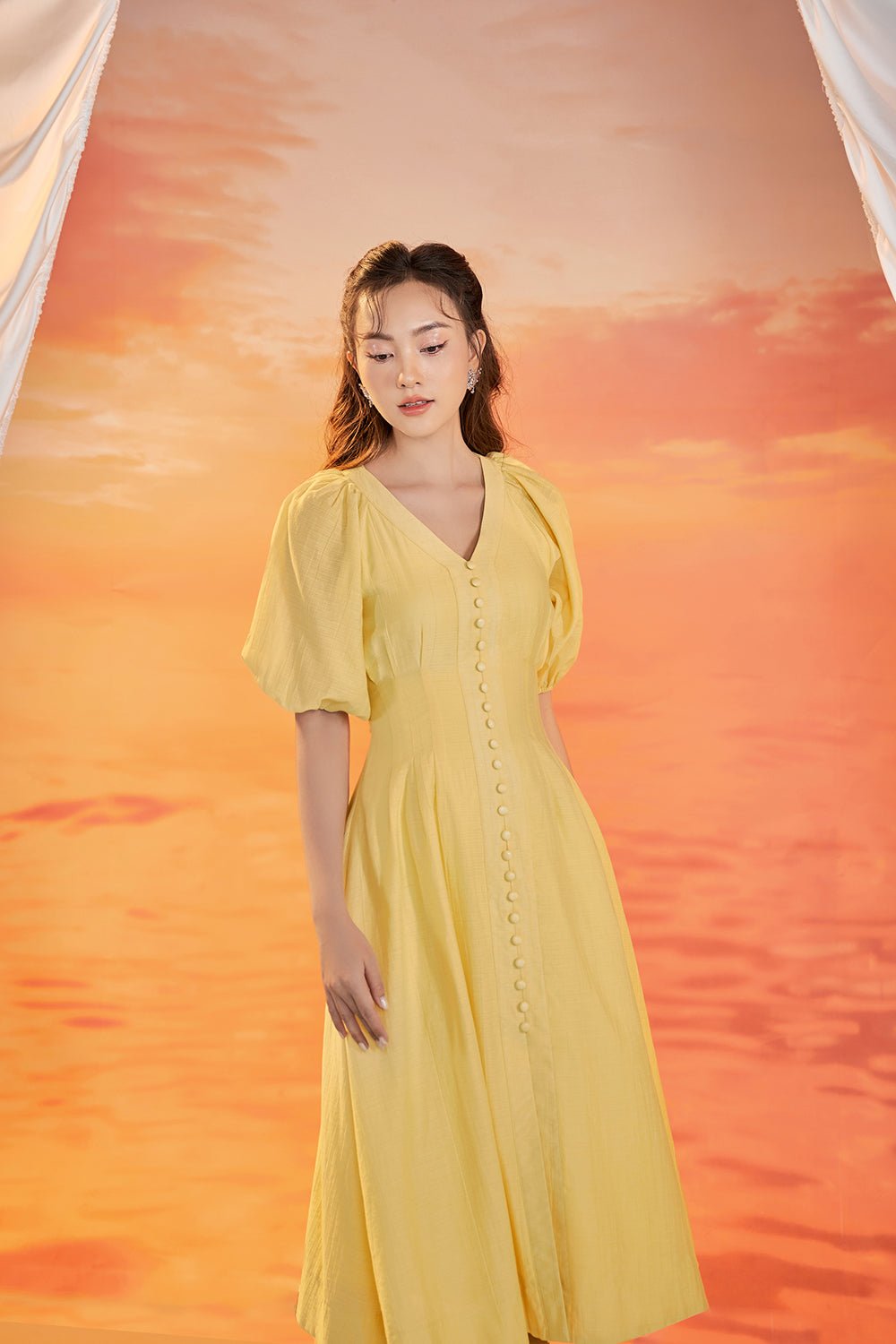 Nori Puffy Sleeved Fit & Flare Dress in Canary Yellow