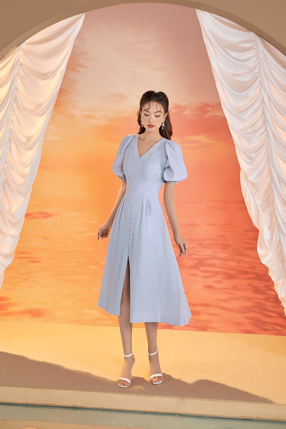 Nori Puffy Sleeved Fit & Flare Dress in Cloud Blue