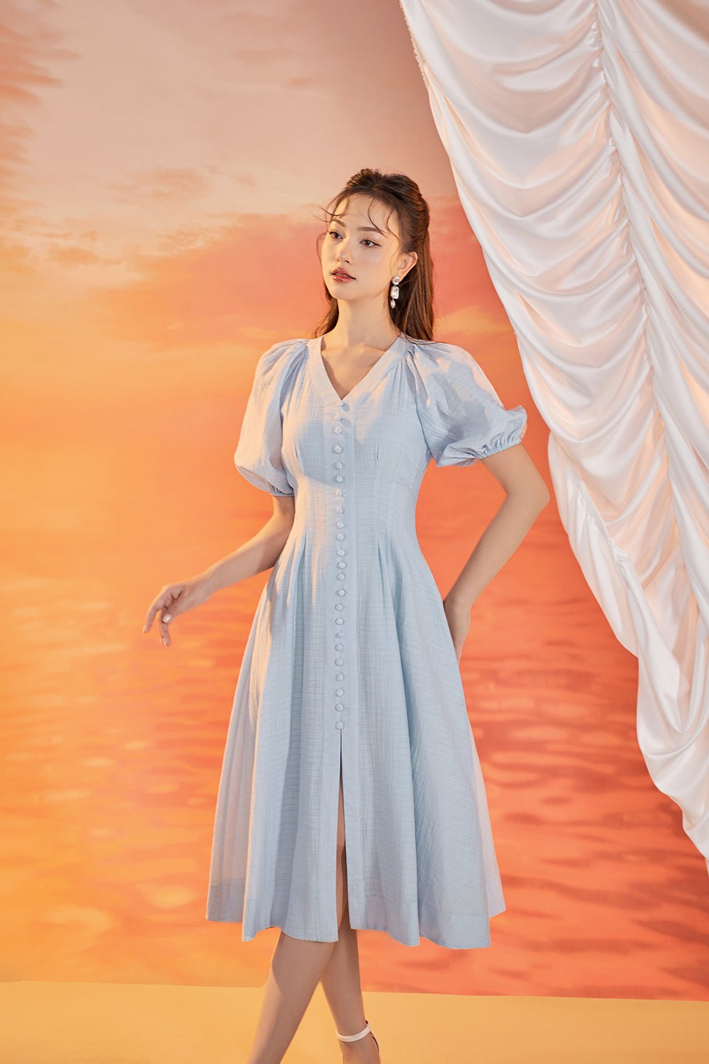 Nori Puffy Sleeved Fit & Flare Dress in Cloud Blue