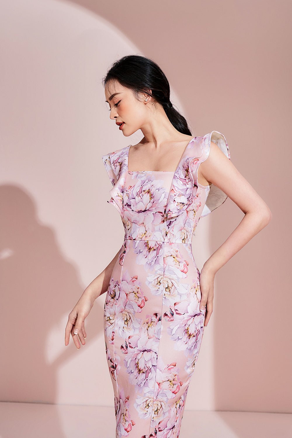 Odette Flutter Pencil Dress in Peony/Iconic White