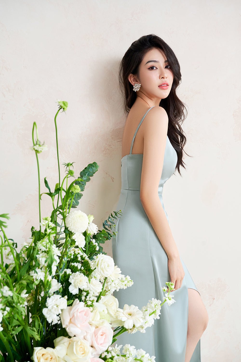 Raisa Romantic Ruched Maxi Dress in Green Turquoise