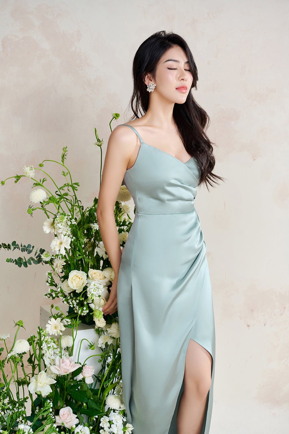 Raisa Romantic Ruched Maxi Dress in Green Turquoise