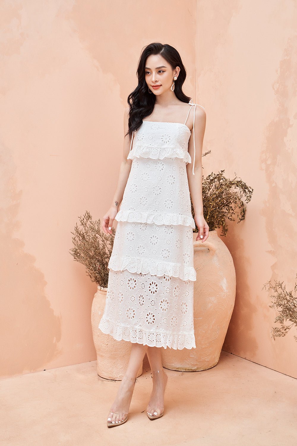 Rosalie Tie Strap Midi Dress in White