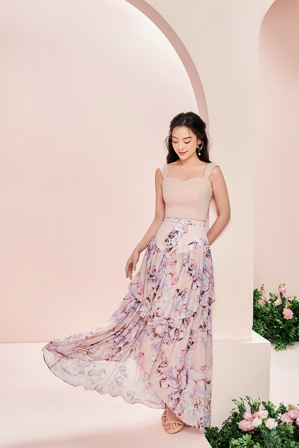 Rosanne Maxi Skirt in Peony/Nude Blush