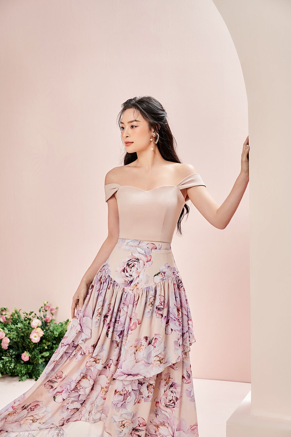 Rosanne Maxi Skirt in Peony/Nude Blush