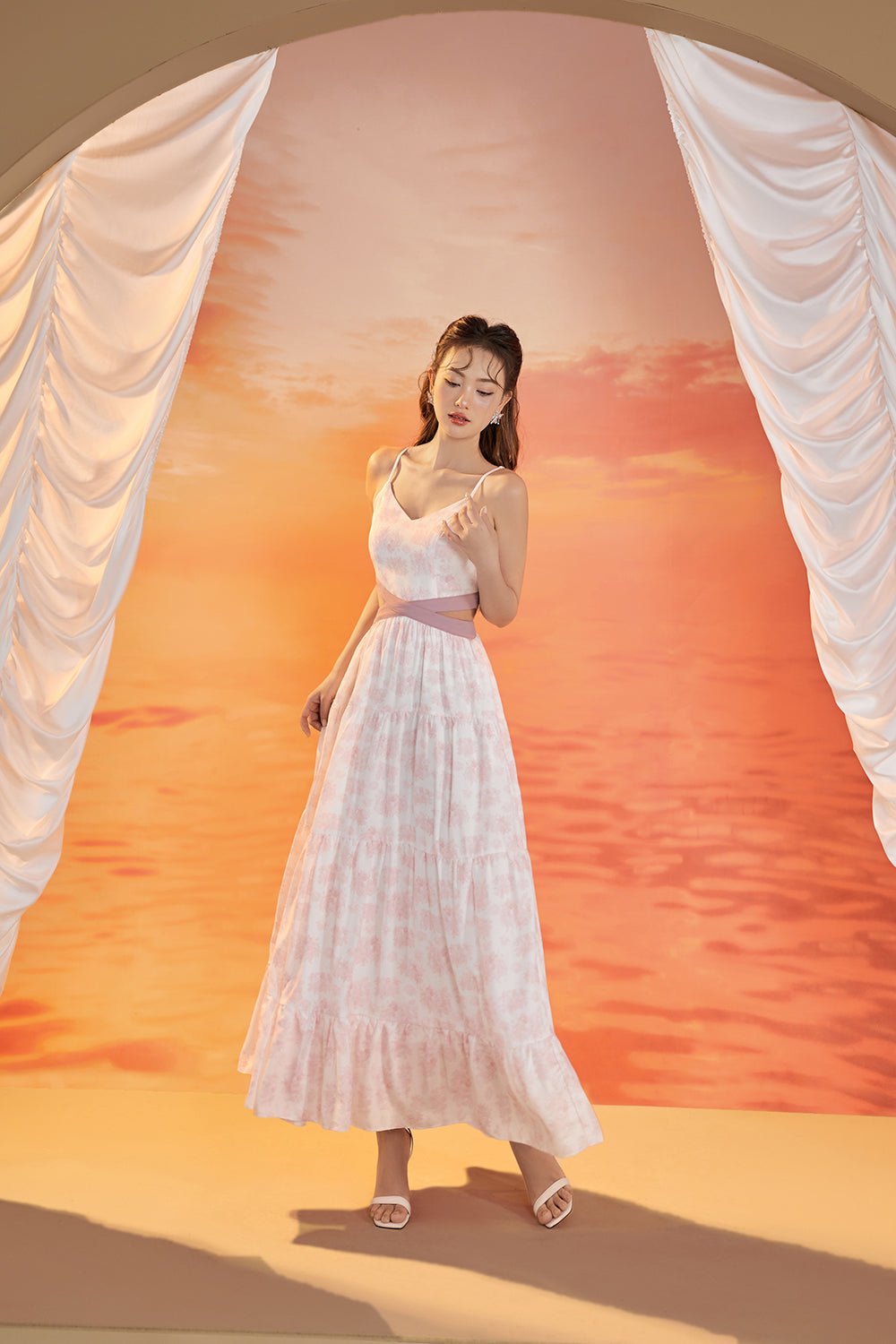 Scarlett Cut-Out Maxi Dress in Toile De Jouy Fabric - White/Dusty Rose