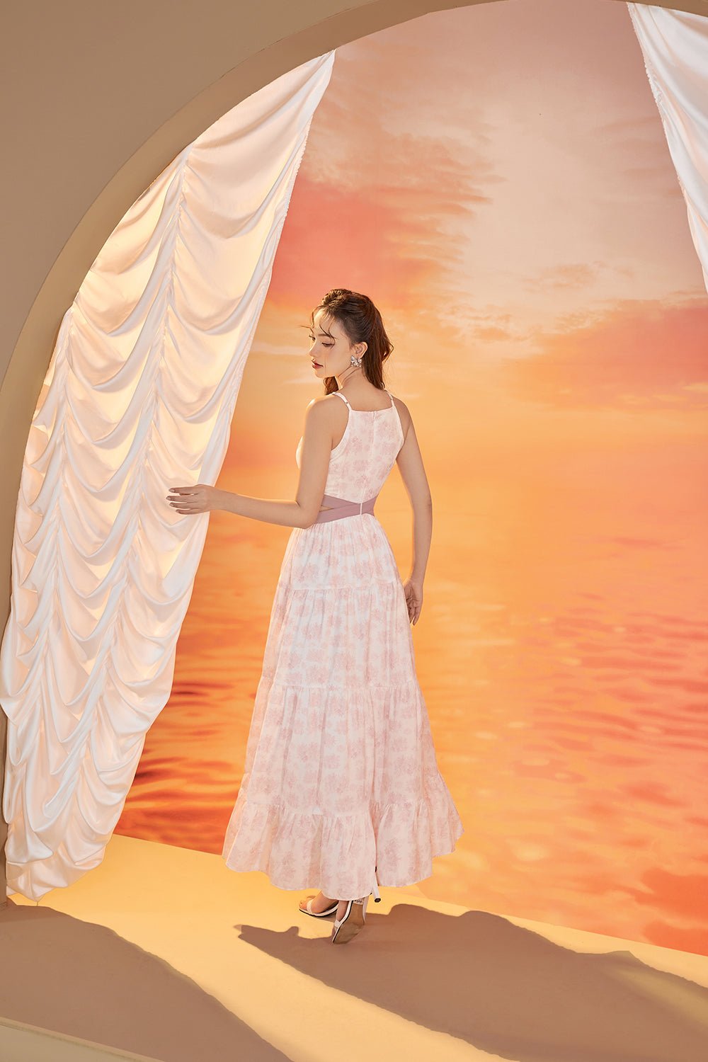 Scarlett Cut-Out Maxi Dress in Toile De Jouy Fabric - White/Dusty Rose