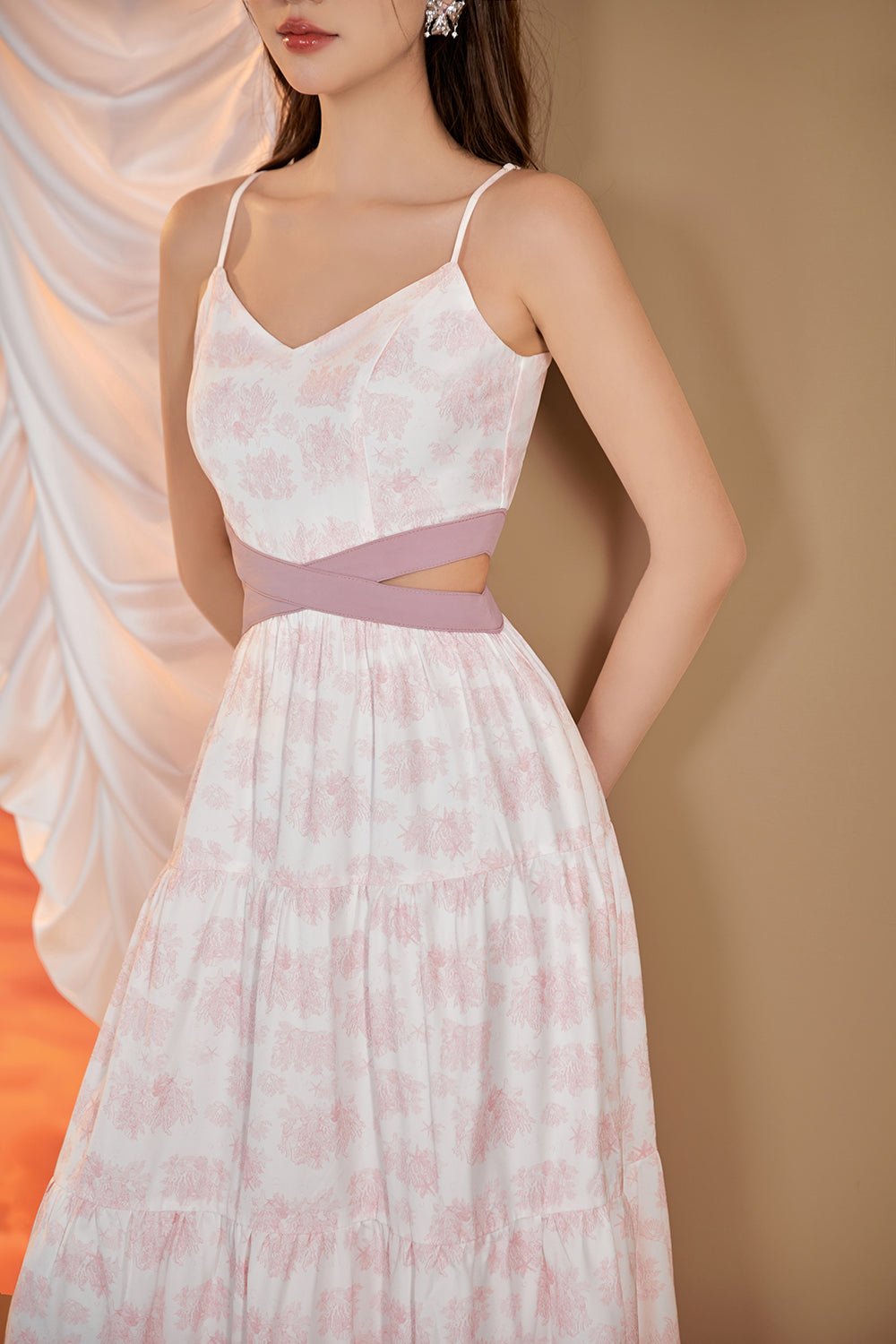 Scarlett Cut-Out Maxi Dress in Toile De Jouy Fabric - White/Dusty Rose