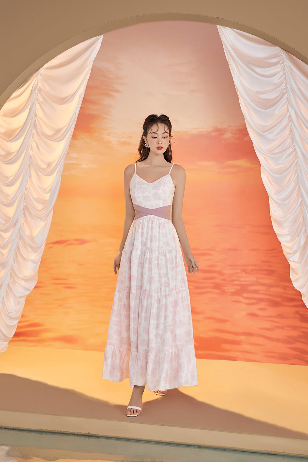 Scarlett Cut-Out Maxi Dress in Toile De Jouy Fabric - White/Dusty Rose