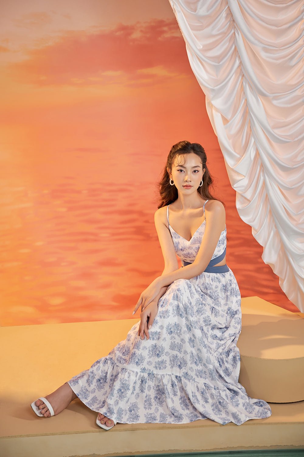 Scarlett Cut-Out Maxi Dress in Toile De Jouy - White/Vintage Blue