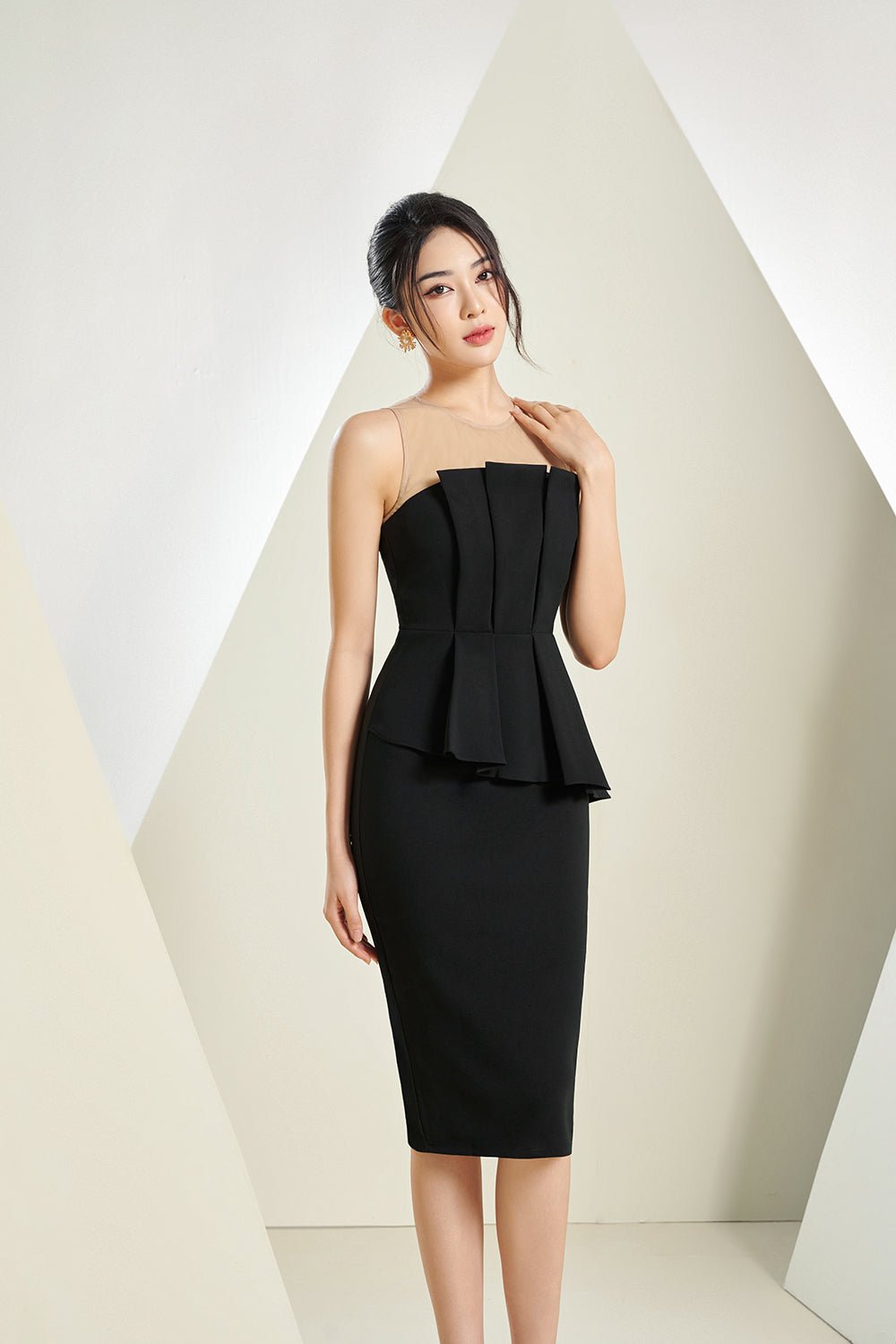 Simone Padded Pleated Peplum Dress in Classic Black