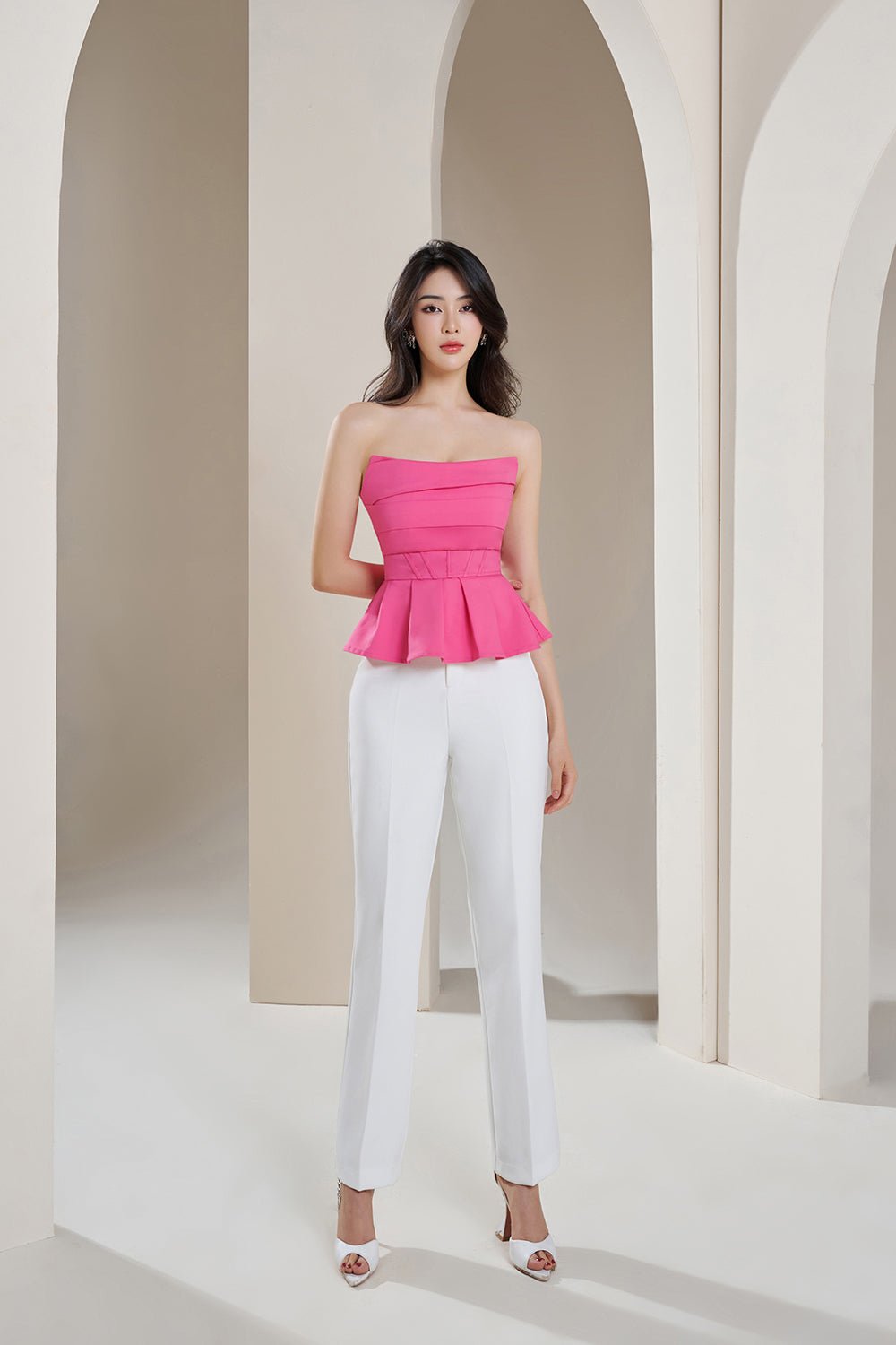 Suvi Corset Detail Peplum Tube Top in Hot Pink