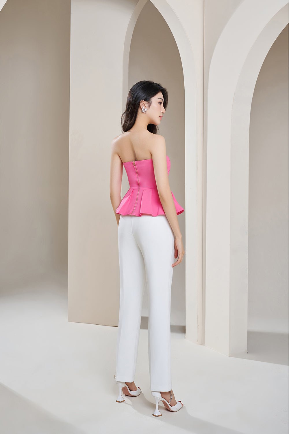 Suvi Corset Detail Peplum Tube Top in Hot Pink