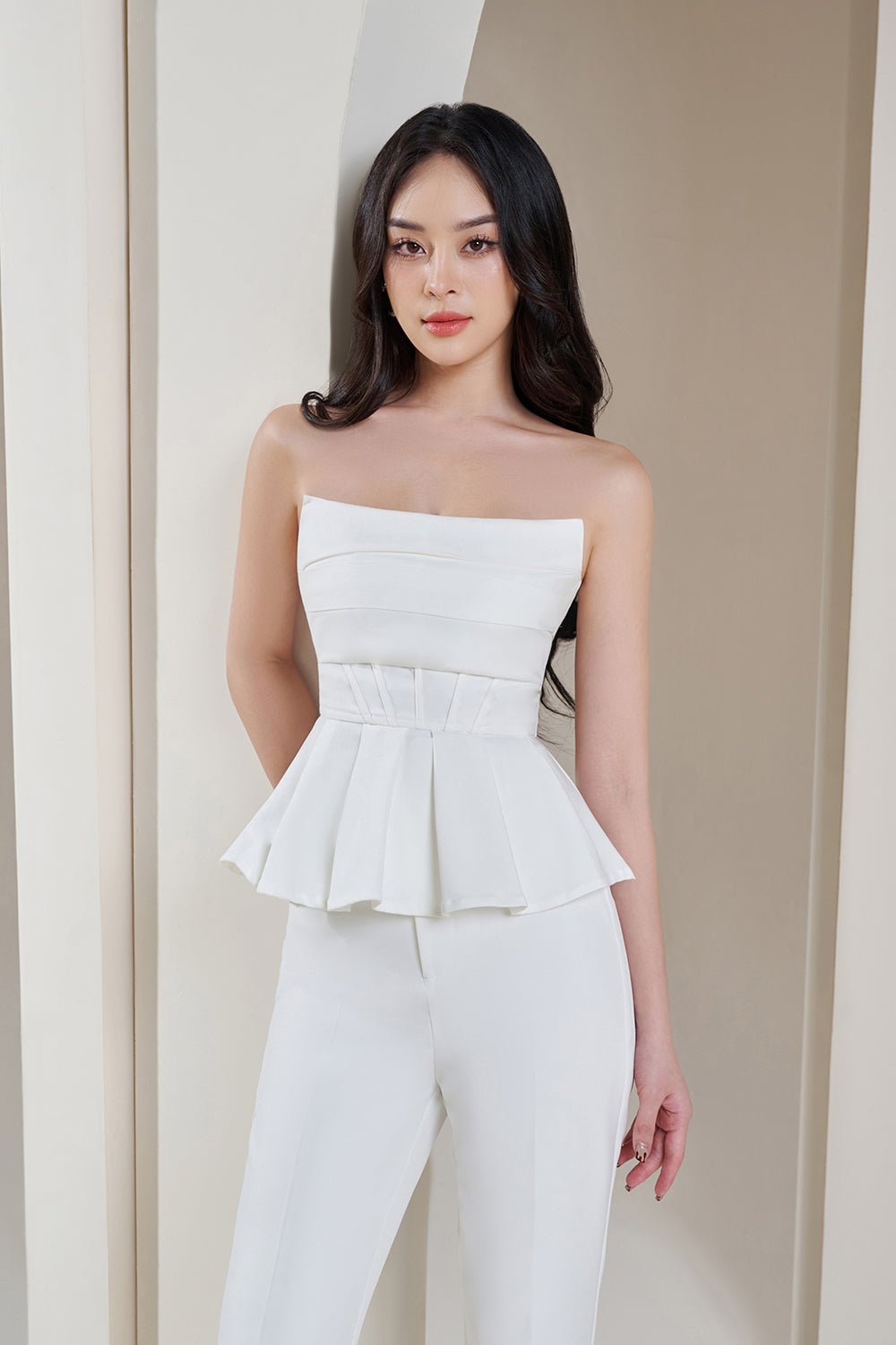 Suvi Corset Detail Peplum Tube Top in Hot Pink