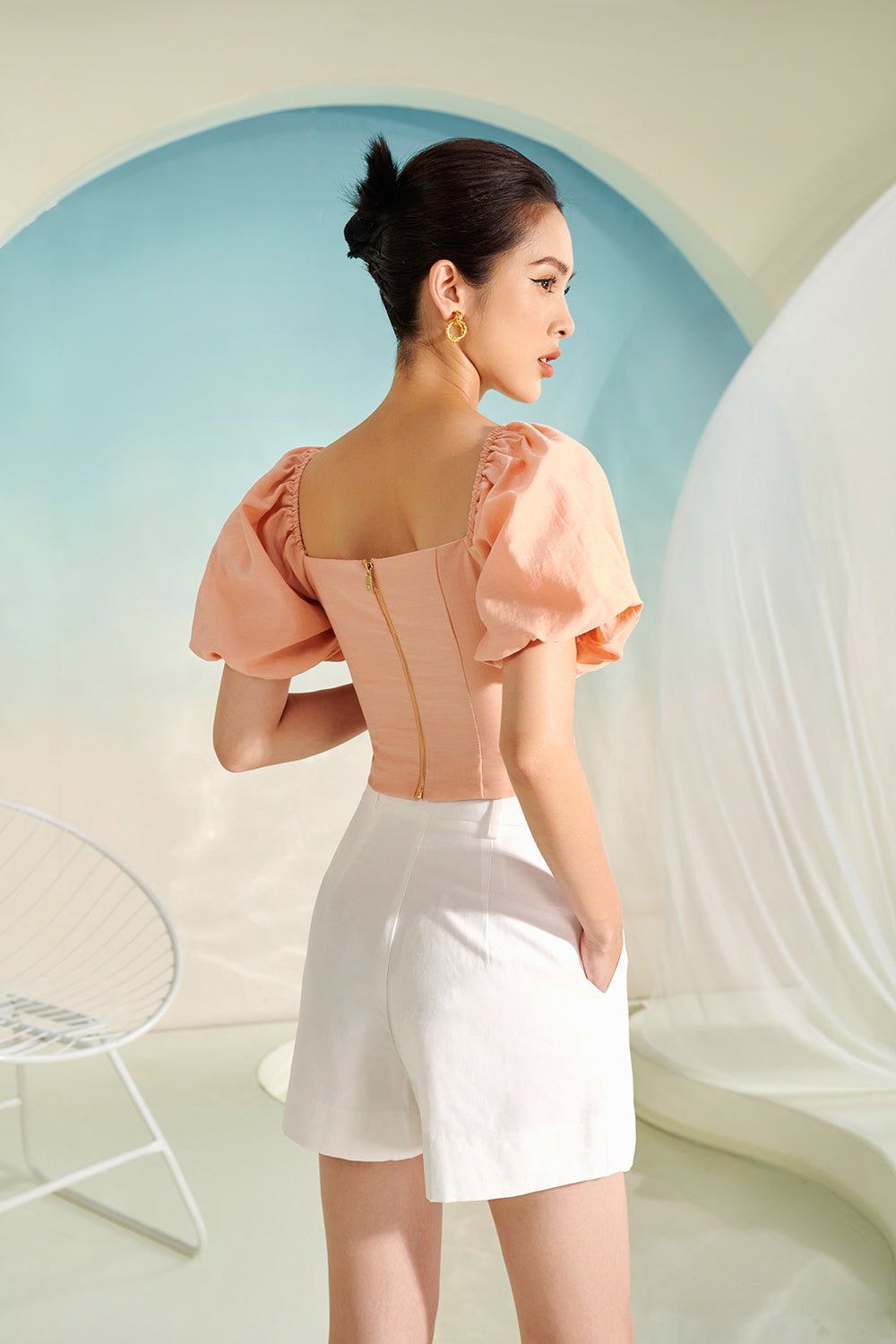 Tatum Puffy Sleeves Blouse in Peach