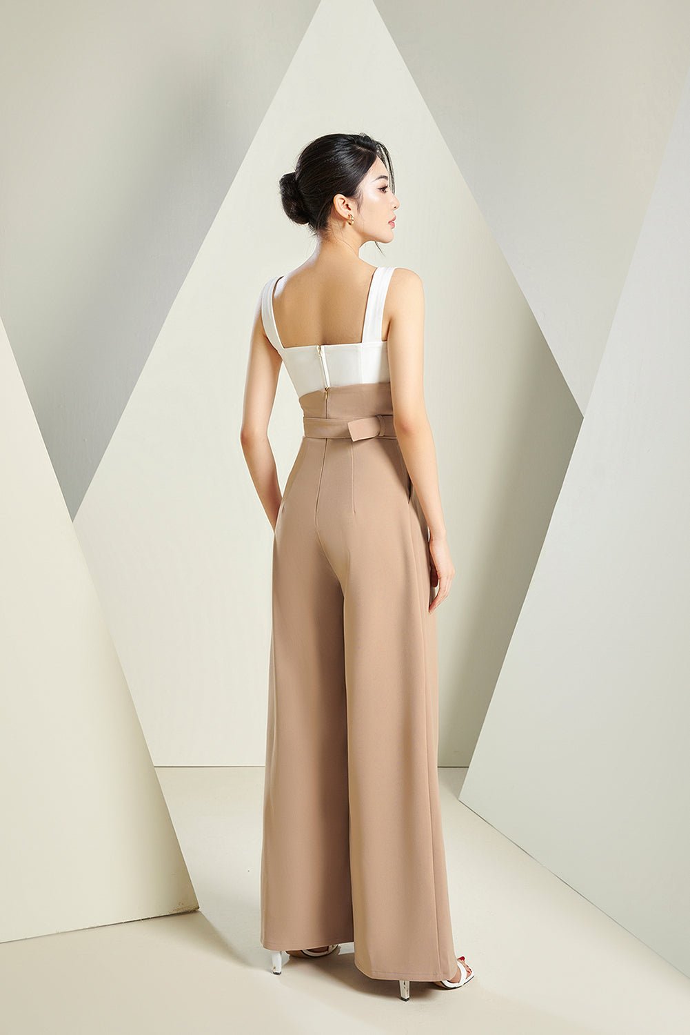 Tory Fold Over High Waist Pants in Brown Beige