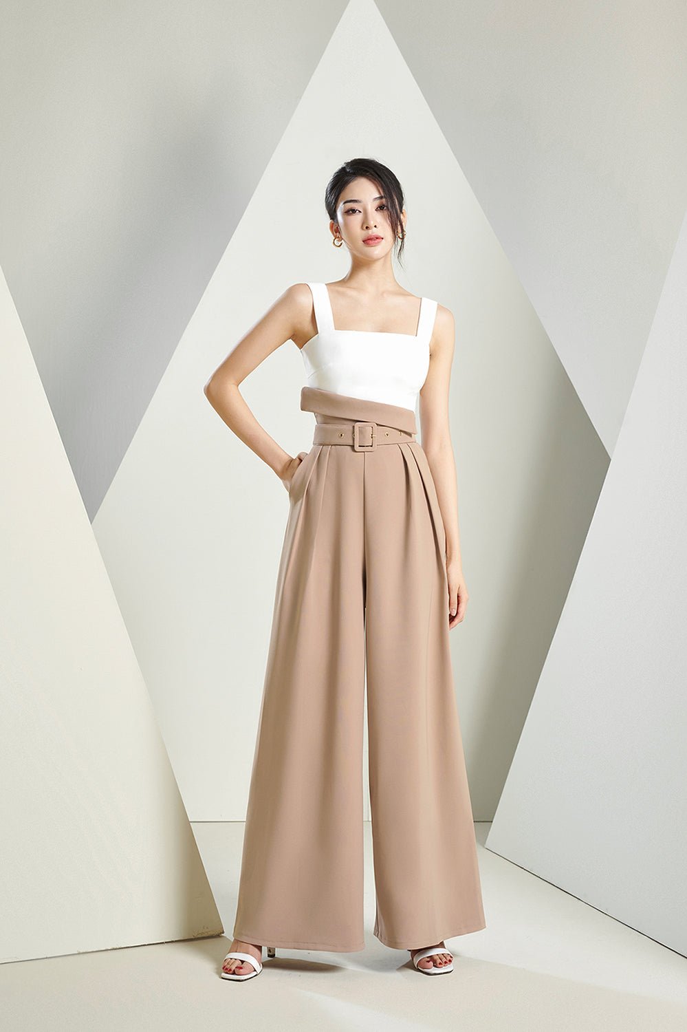 Tory Fold Over High Waist Pants in Brown Beige
