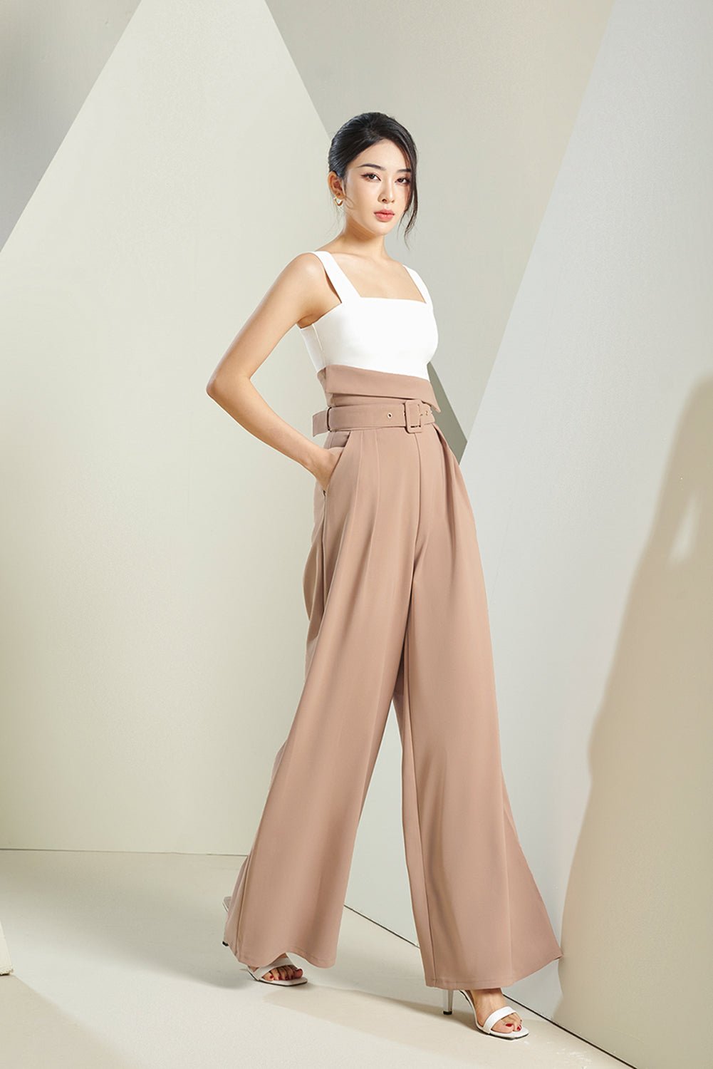 Tory Fold Over High Waist Pants in Brown Beige