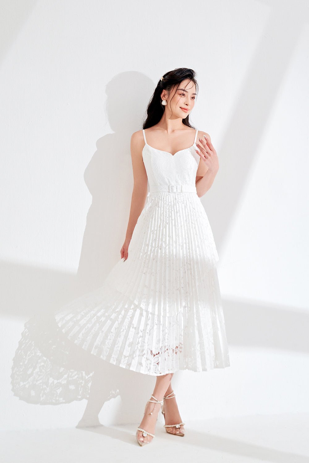 Valentina Layered Pleated Lace Midi Dress in Sand