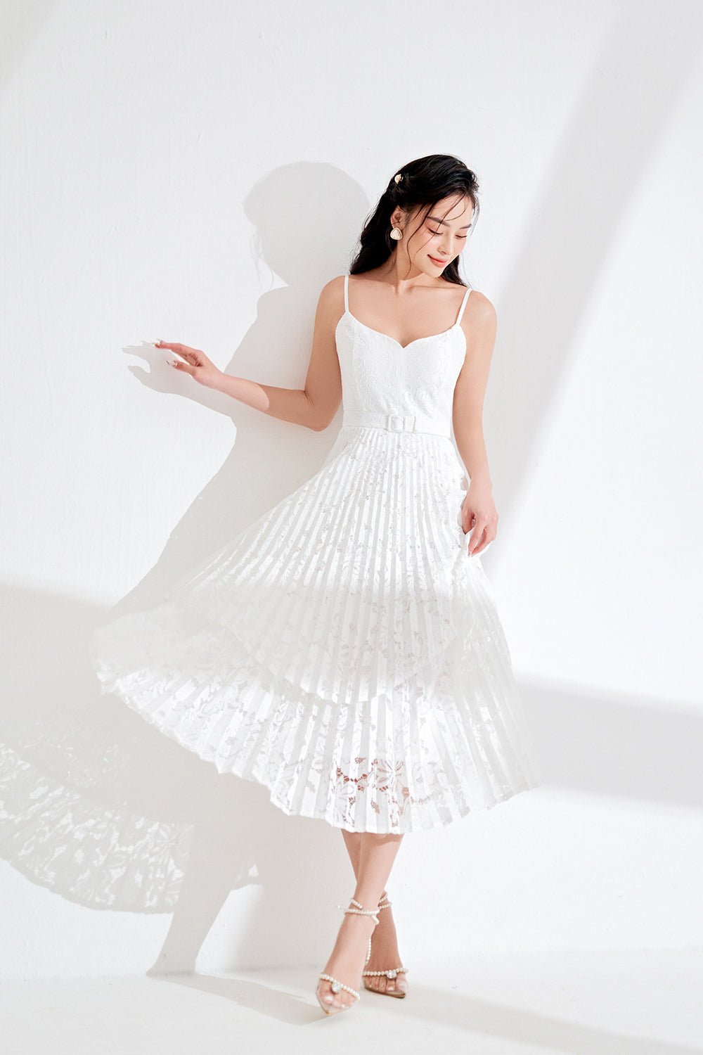 Valentina Layered Pleated Lace Midi Dress in Iconic White