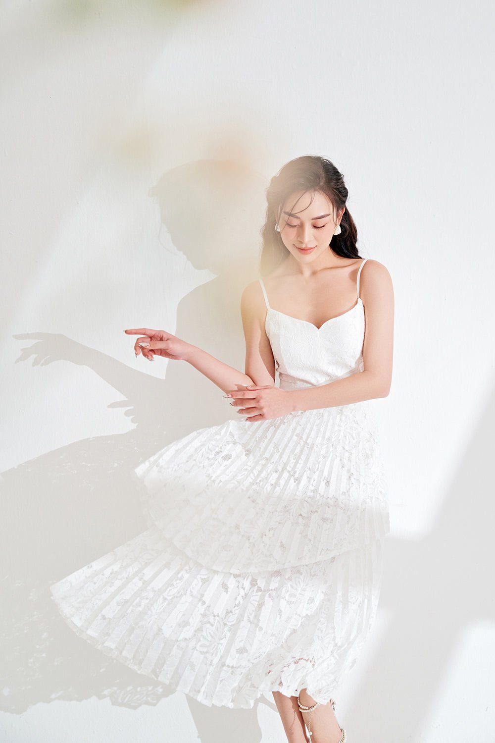 Valentina Layered Pleated Lace Midi Dress in Iconic White