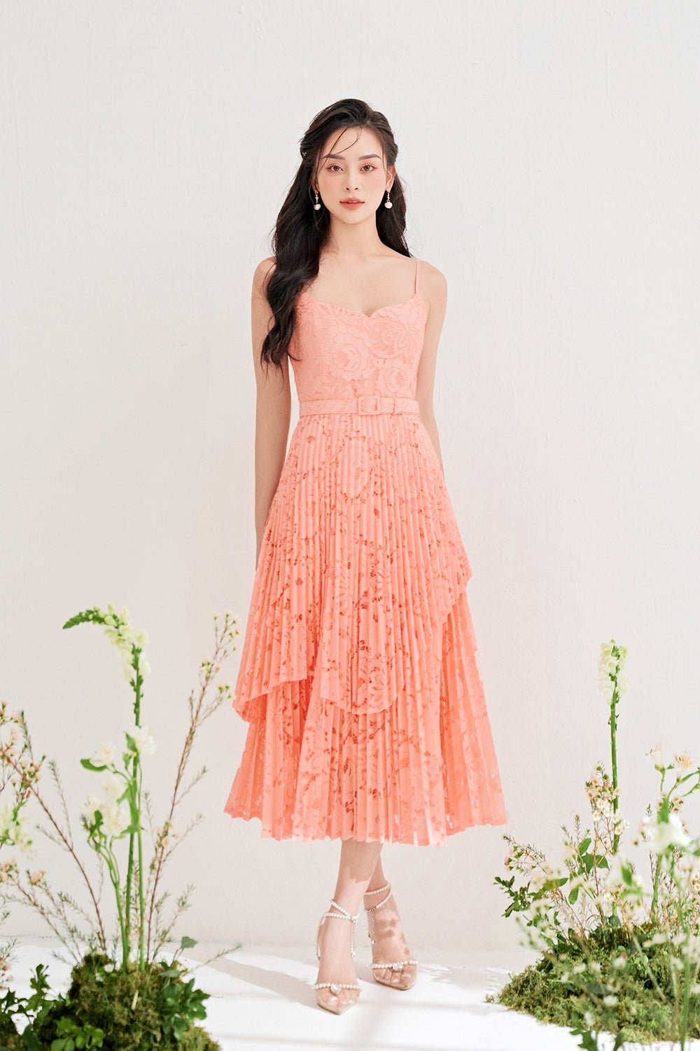 Valentina Layered Pleated Lace Midi Dress in Peach Pink