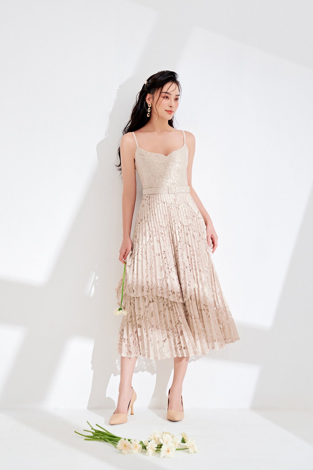 Valentina Layered Pleated Lace Midi Dress in Sand