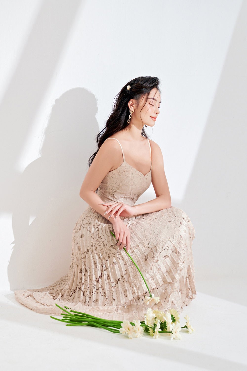 Valentina Layered Pleated Lace Midi Dress in Sand