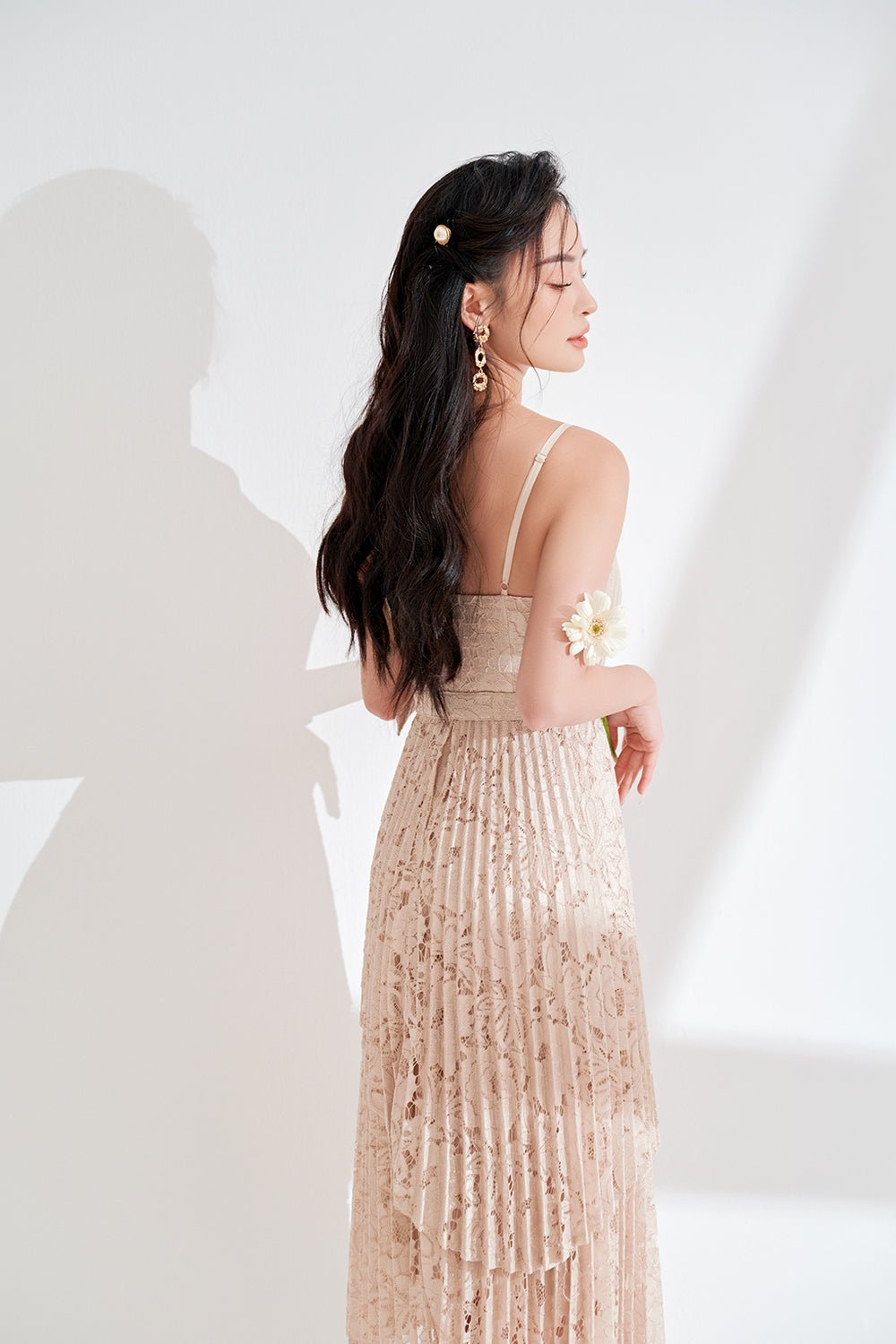 Valentina Layered Pleated Lace Midi Dress in Sand