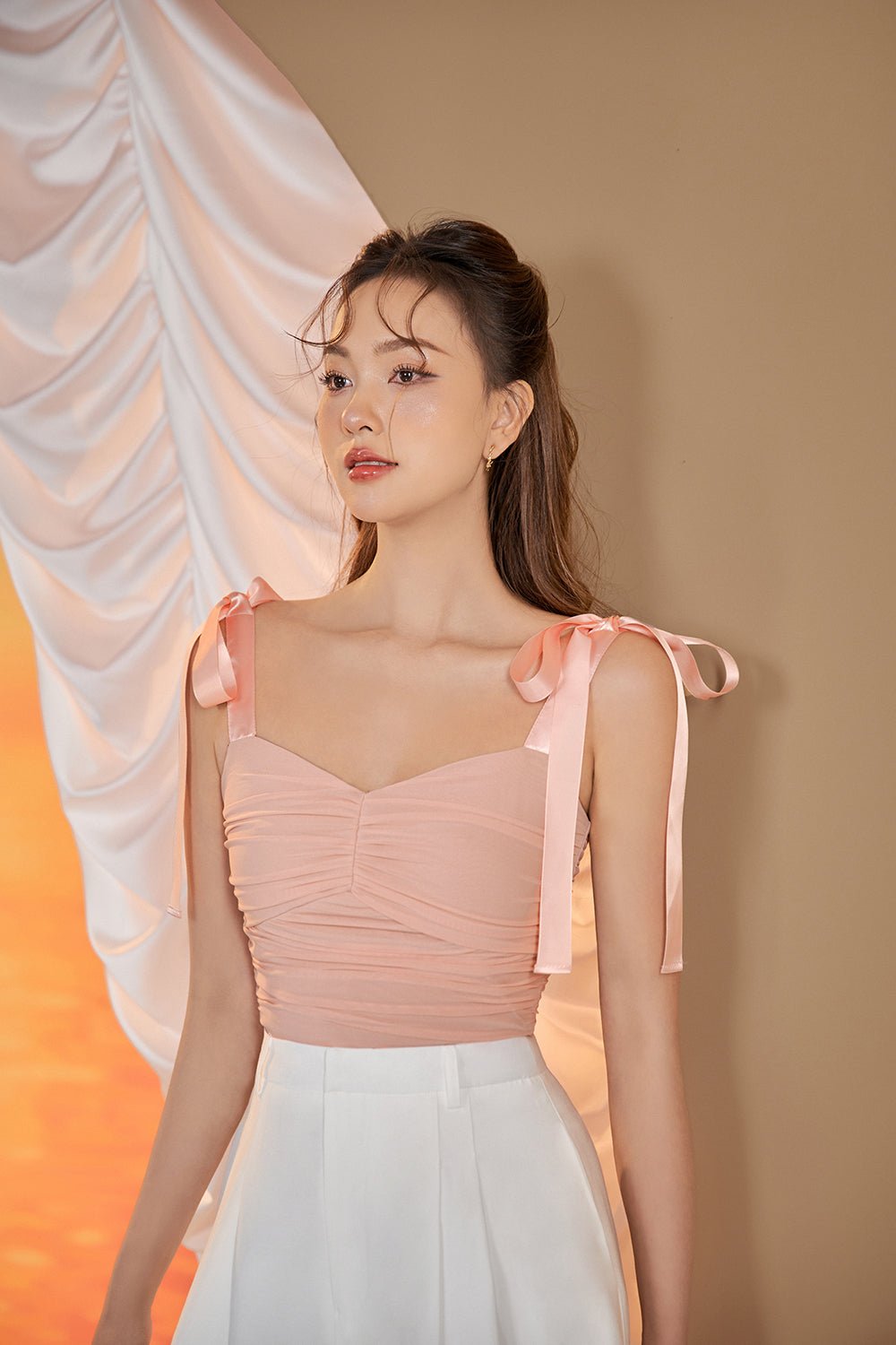 Velda Sweetheart Mesh Top with Ribbon Straps in Iconic White